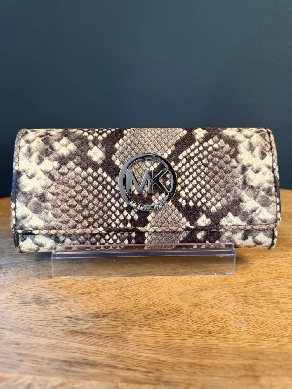 Michael Kors Snake-Print Leather Clutch Wallet - Brown/White